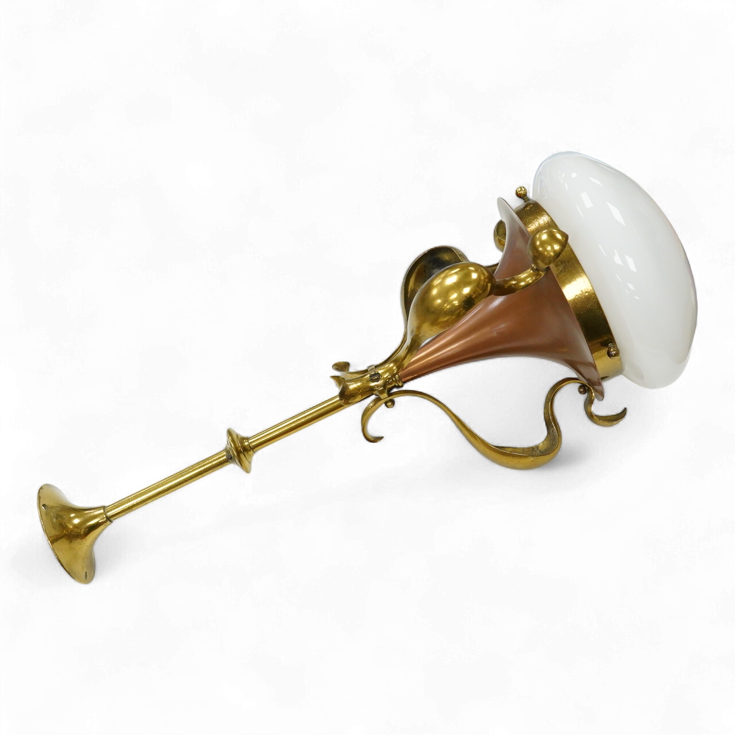 A WAS Benson style Arts & Crafts ceiling light with copper and brass stem and opaque glass shade, 53cm in length